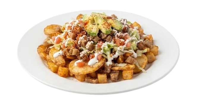 Papas locas with Japanese peanuts, cucumber and Valentina at La Botanitas in Pennsauken, NJ